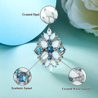 Statement Flower Ring Cocktail Leaf Ring Birthstone Anniversary Signet Ring | Hypoallergenic|14K Gold Plated|Sterling Silver Sparkling Engagement Promise Party Ring for Women, Size 6 to 10(With Box) - color: Opal
