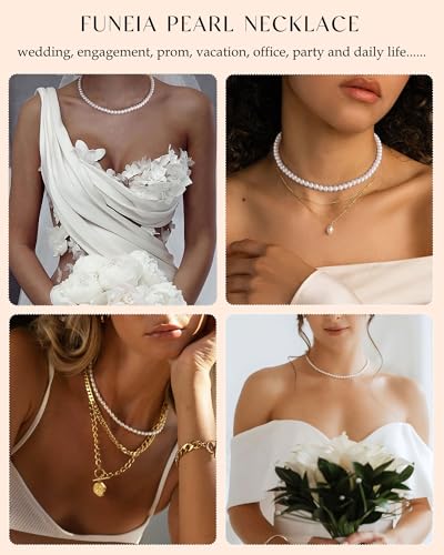 FUNEIA Dainty Pearl Necklace for Women 14K Gold Plated Faux Pearl Choker Necklaces Trendy White Silver Small Pearl Necklace Strand Wedding Prom Bridal Pearls Jewelry 14/16/18/20 Inches - color: B-6mm Pearl Necklace-Silver