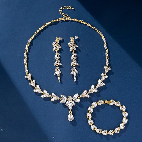 Paxuan Wedding Jewelry Sets for Bride Bridesmaid Bridal Jewelry Set for Women Wedding Crystal Necklace Earrings Bracelet Set for Party Prom Jewelry - color: White - 14K Gold