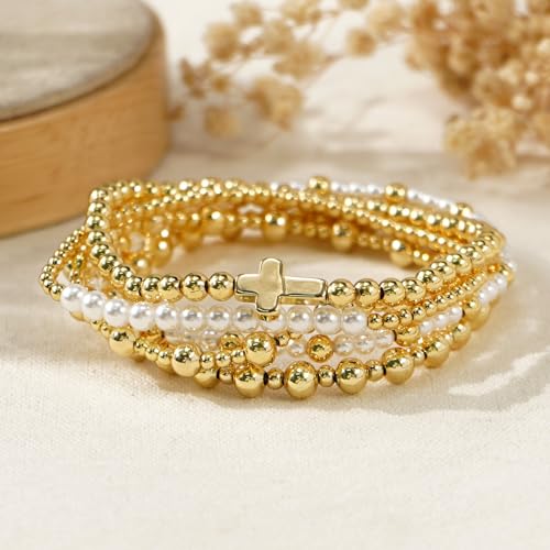 Colorful Gold Plated Stackable Ball Seed Beaded Bracelets Set For Women, Boho Handmade Romantic Stretch Accessories Jewelry, Daily Wear Holiday Party Friendship Gift - color: Freshwater Pearl