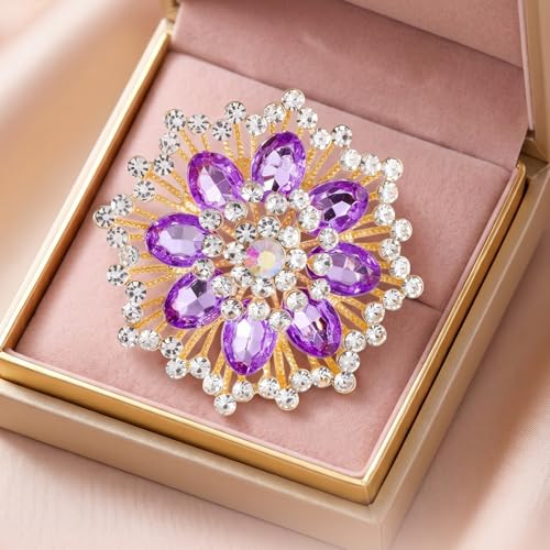 QCWN Large Flower Brooches and Pins for Women Vintage Rhinestone Sunflower Brooch Costume Jewelry Lapel Hat Pins for Wedding Dresses Bouquet Gifts - style: 1Pcs Lavender Purple