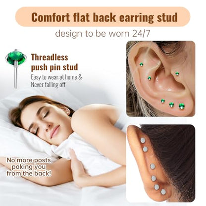 20G Flat Back Earrings Studs 18G Nose Rings 24K Gold Plating 3 Pairs Titanium Threadless 16G Cartilage Earrings for Women Men Tragus Conch Helix Medusa Lip Piercing Jewelry - color: polish emerald cz, size: 18G