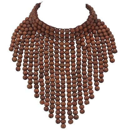 Coiris Boho African Wooden or Acrylic Beaded Bib Statement Necklace Strands Layered Cluster Chunky Collar Choker Wood Necklace for Women Fashion Costume Jewelry - color: Brown