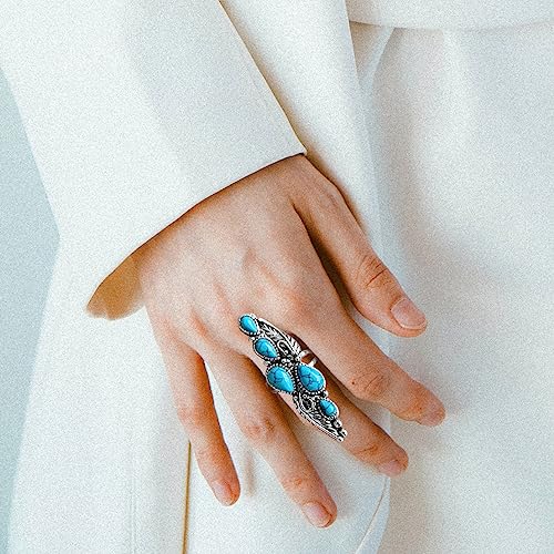 HAIXIAN Antique Full Finger Turquoise Stones Ring,Retro Thick Silver Plated Multi Waterdrop Gemstone Crystal Wide Cocktail Party Ring Jewelry