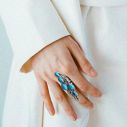 HAIXIAN Antique Full Finger Turquoise Stones Ring,Retro Thick Silver Plated Multi Waterdrop Gemstone Crystal Wide Cocktail Party Ring Jewelry