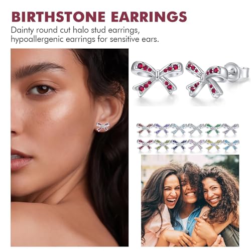 925 Sterling Silver Birthstone Bow Stud Earrings for Girls Women Bow Jewelry Birthday Gifts for Teens Kids Girls Bowknot Stud Earrings - color: 01.January