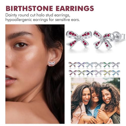 925 Sterling Silver Birthstone Bow Stud Earrings for Girls Women Bow Jewelry Birthday Gifts for Teens Kids Girls Bowknot Stud Earrings - color: 01.January