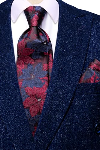 Dubulle Mens Paisley Striped Tie Woven Necktie for Men and Handkerchief Cufflinks Set Wedding Formal Business - color: Blue Burgundy