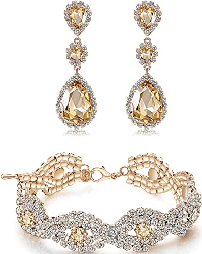 Paxuan Silver/Gold Plated Bridal Wedding Rhinestone Earrings Bracelet Set for Wedding Brides Bridesmaids Crystal Stone Dangle Drop Earrings Link Tennis Bracelet Set for Women Wedding - color: Champagne - Bracelet and Earrings Set