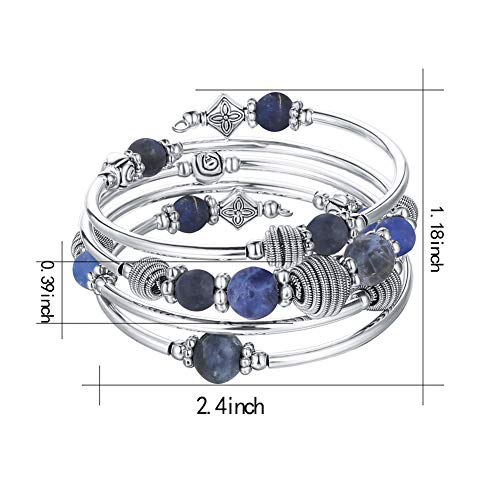 PEARL&CLUB Beaded Chakra Bangle Turquoise Bracelet - Fashion Jewelry Wrap Bracelet with Thick Silver Metal and Mala Beads, Birthday Gifts For Women - color: Navy Blue