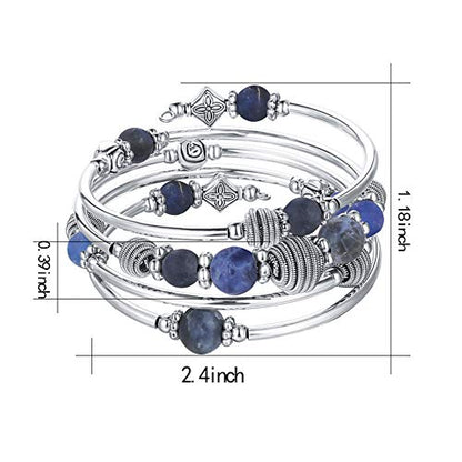 PEARL&CLUB Beaded Chakra Bangle Turquoise Bracelet - Fashion Jewelry Wrap Bracelet with Thick Silver Metal and Mala Beads, Birthday Gifts For Women - color: Navy Blue
