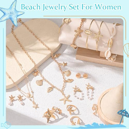 Seashell Starfish Jewelry Set for Women Ocean Vacation Accessories Layered Charm Necklace Bracelets Earrings Rings Anklet Summer Beach Jewelry Gifts - style: Style:Gold Ocean B