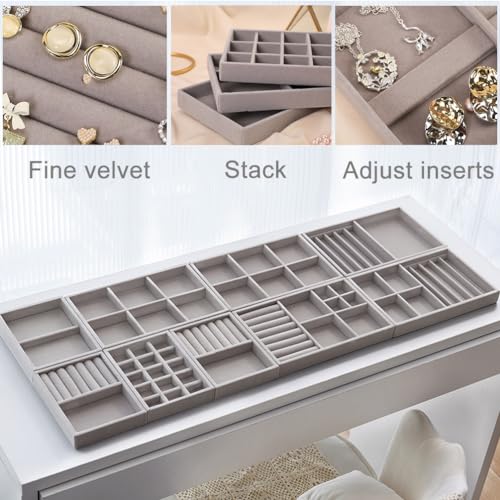 10 Pack Jewelry Organizer Tray Drawer Inserts Stackable Velvet Liner Dividers Customizable Jewellery Box Foam Ring Earring Holder Necklace Bracelet Storage Display Dish Flat in Dresser Vanity - color: Grey