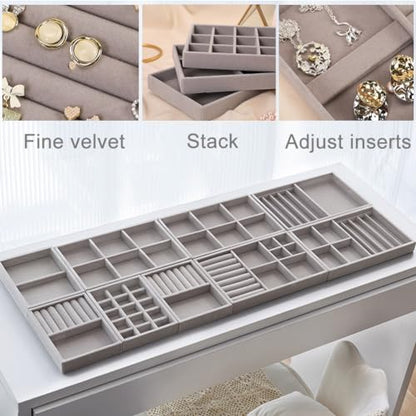 10 Pack Jewelry Organizer Tray Drawer Inserts Stackable Velvet Liner Dividers Customizable Jewellery Box Foam Ring Earring Holder Necklace Bracelet Storage Display Dish Flat in Dresser Vanity - color: Grey