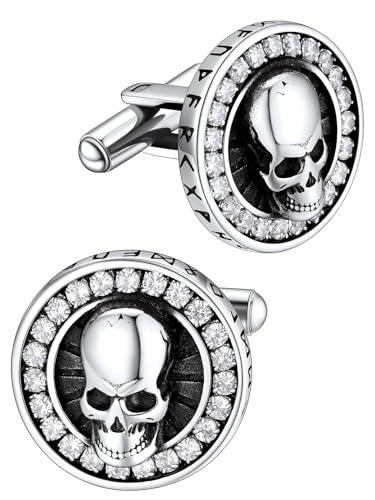 FaithHeart Mens Cufflinks, Norse Viking Tuxedo Shirt Cuff Links, Stainless Steel Cuff Links and Shirt Studs, Gift Box - style: 05. Skull CZ-Silver