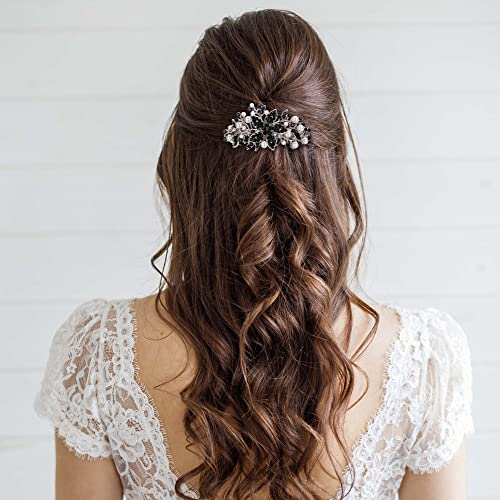 EVER FAITH Austrian Crystal Bridal Hibiscus Flower Leaf Cream Simulated Pearl Hair Clip Barrette Black Silver-Tone - color: Black Silver-Tone