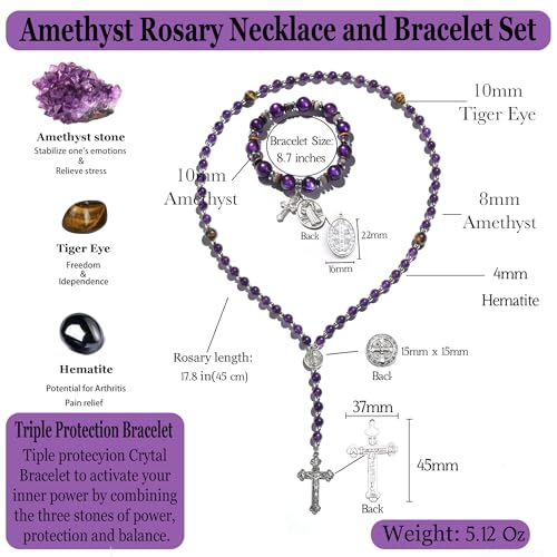 Rosary for Men Women, Natural Stone Beads with St. Benedict Bracelet | 8 mm Natural Stone Prayer Beads with 10 mm Accent Beads, St. Benedict Crucifix, Matching Bracelet, Gift Box and Pouch. - color: Purple