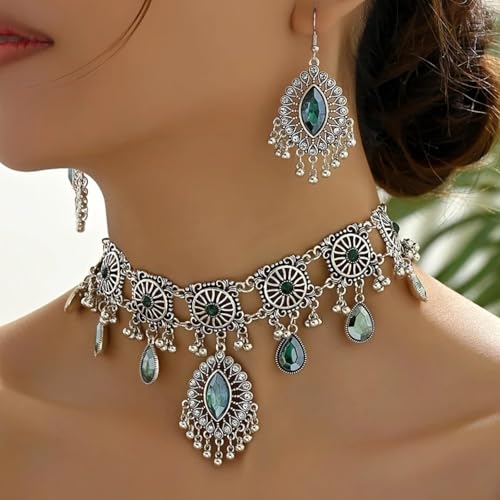 Frodete Indian Jewelry Sets for Women Traditional Bohemian Wedding Jewelry Set Indian Dresses for Women Oxidized Ethnic Party Prom Wear - color: D2:SILVER GREEN
