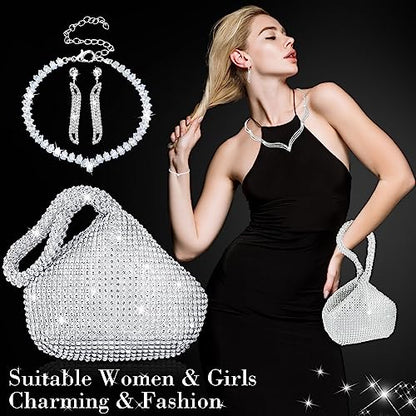 4 Pcs Silver Clutch Purse Jewelry Set for Women Rave Accessories Evening Rhinestone Purse Silver for Bride Wedding - style: Delicate Style