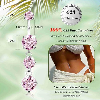 G23 Titanium Dangle Belly Button Rings for Women Dangling Navel Rings CZ Belly Rings Curved Barbell Internally Threaded Belly Piercing Jewelry - color: Pink