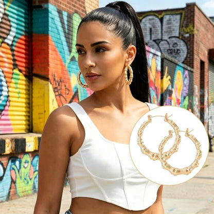 PAGOW 3 Pairs Large Bamboo Earrings, 14K Gold Plated Hoop Bamboo Earrings | Round Hoop Y2K Earrings, Hypoallergenic 80s 90s Shiny Hip Hop Earring Hoops for Women Jewelry Party - 3 Sizes - color: gold,hoop 3 sizes