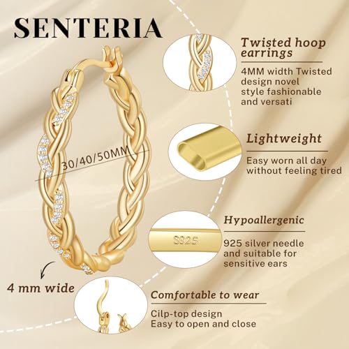 Senteria Silver Twisted Hoops Earring for Women Hypoallergenic Sterling Silver Post Hoop Earrings with AAA+ Cubic Zirconia 14K Gold Plated Hoop Earrings for Women 30/40/50MM - color: Gold-30MM