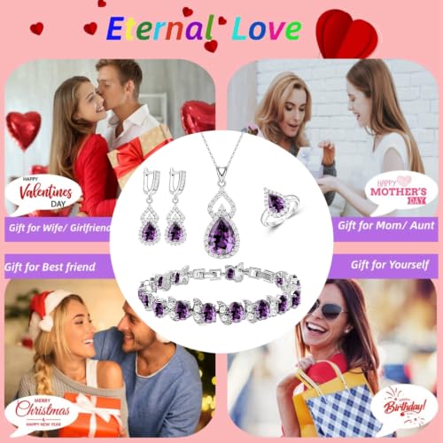 Wedding Jewelry Set for Women Gem Necklace Earrings Bracelet Luxury Jewelry Set Birthday Valentine's Day Mother's Day Christmas Prom Jewelry Gift - color: KKJ-4-Purple