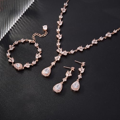 Teardrop Marquise Cubic Zirconia Wedding Prom Jewelry Set for Women Bridal | Silver/Gold/Rose Gold Plated, Pear Cut Pendant Necklace Drop Earrings Link Bracelet, for Bride Bridesmaid, for Banquet Party - style: A_Three Set, Rose Gold-Tone