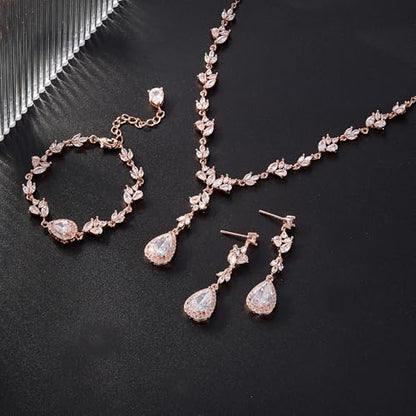 Teardrop Marquise Cubic Zirconia Wedding Prom Jewelry Set for Women Bridal | Silver/Gold/Rose Gold Plated, Pear Cut Pendant Necklace Drop Earrings Link Bracelet, for Bride Bridesmaid, for Banquet Party - style: A_Three Set, Rose Gold-Tone