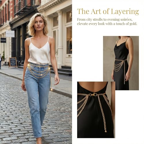 Gold Waist Chain Plus Size Fashion Body Chain Belt for Women Curvy Chains Belts Accessory Adjustable Metal Chain Belts for Wome Outfit Punk Style Dress Belt 43.3 Inch