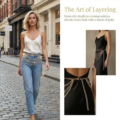 Gold Waist Chain Plus Size Fashion Body Chain Belt for Women Curvy Chains Belts Accessory Adjustable Metal Chain Belts for Wome Outfit Punk Style Dress Belt 43.3 Inch