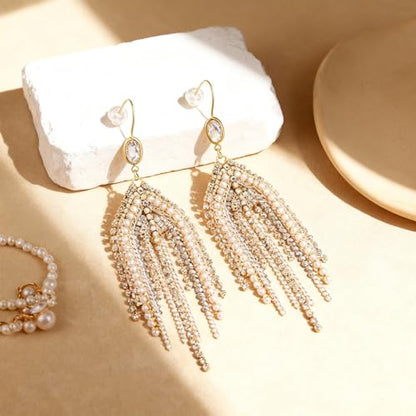 Fringe Dangling Tassel Earrings for Women, Handcrafted Chandelier Long Bohemian Beaded Cubic Zirconia Crystal Imitation Pearls Inlay Statement Boho Chain Hook Earrings for Wedding Party - color: White