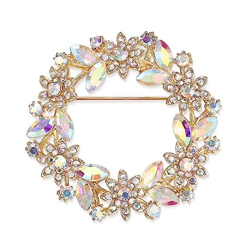 EVER FAITH Sparkly Rhinestone Crystal Flower Wreath Brooches Pin, Vintage Garland Brooch for Women - color: Iridescent AB Gold-Tone