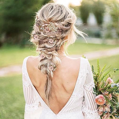 5 PCS Bridal Flower Wedding Hair Pins Crystal Pearl Hair Clips Headpiece Gold Wedding Hair Accessories Jewelry with Rhinestone for Brides Bridesmaids Women Girls Updo(Cherry Blossoms Pink) - color: Exquisite Flower Leaves&Cherry Blossoms Pink
