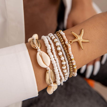 Bohemian Stackable Shell Beaded Ankle Bracelets for Women Colorful Boho Multi-Layer Seashell Gold Starfish Adjustable Handmade Braid Bracelet Summer Beach Holiday Accessories Gifts - color: White