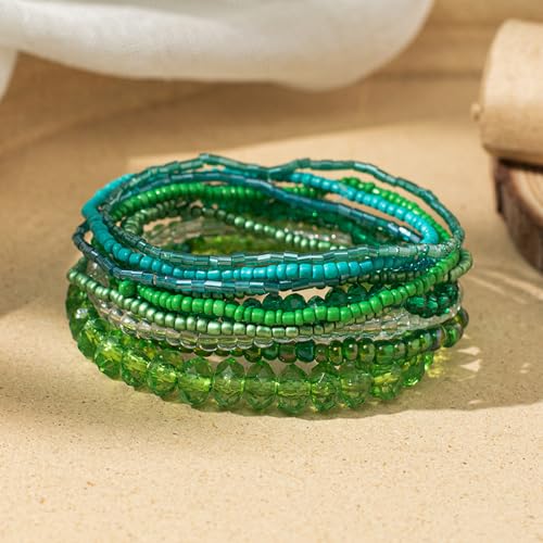 Bohemian Colorful Crystal Glass Beads Seed Beaded Bracelet Handmade Adjustable Stackable Elastic Strand Bangle for Women Summer Beach Hawaii Boho Wristbands Jewelry - color: dark green