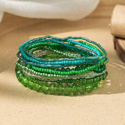 Bohemian Colorful Crystal Glass Beads Seed Beaded Bracelet Handmade Adjustable Stackable Elastic Strand Bangle for Women Summer Beach Hawaii Boho Wristbands Jewelry - color: dark green
