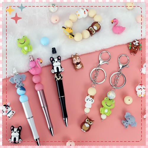 12pcs 3D Animals Silicone Focal Beads for Pens | Focal Beads for Keychain Making,Pens,Bracelet,Necklace Crafts,Bulk Silicone Beads for DIY（3D animals） - color: 3D animals