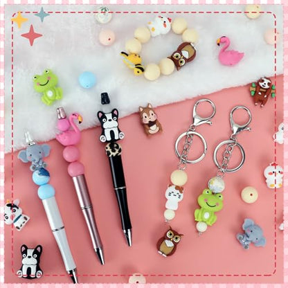 12pcs 3D Animals Silicone Focal Beads for Pens | Focal Beads for Keychain Making,Pens,Bracelet,Necklace Crafts,Bulk Silicone Beads for DIY（3D animals） - color: 3D animals