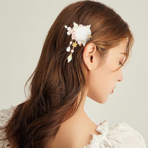 A Pair Wedding Hair Clips, Handmade Floral Design Crystal Hair Clips Pearl Barrettes, Rhinestones Flower Clips Pearl Headpieces Hair Pins Hair Accessories for Women Girls (White&Light Green) - color: White&Light Green