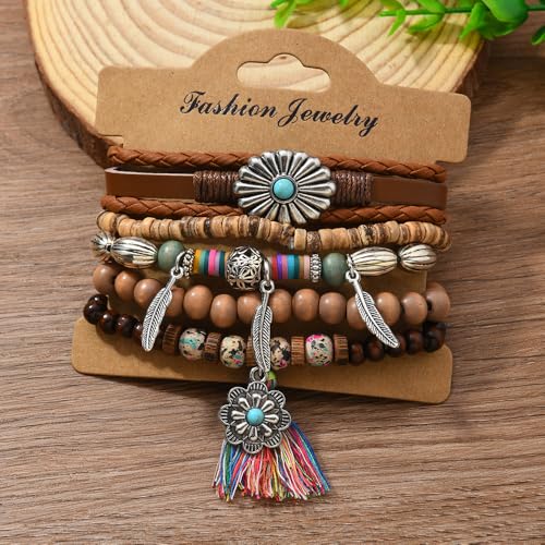 Western Outfits for Women Turquoise Western Bracelets Bohemian Vintage Stackable Beaded Leather Bracelets Adjustable Hand-woven Layered Bracelet Western Country Concert Jewelry for Women - style: Tassel