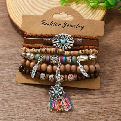Western Outfits for Women Turquoise Western Bracelets Bohemian Vintage Stackable Beaded Leather Bracelets Adjustable Hand-woven Layered Bracelet Western Country Concert Jewelry for Women - style: Tassel