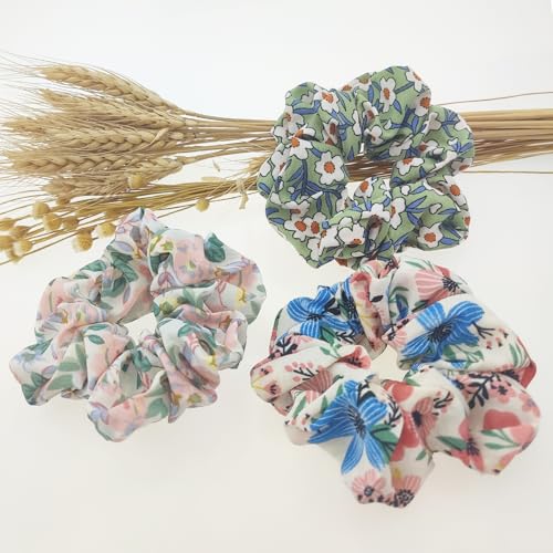 6 PACK Hair Scrunchies, Hair Elastics Bands Floral Hair Scrunchie, Elastic Rubber Bands Chiffon Hair Scrunchies for Thick Curly Hair Flower Hair Ties Hair for Women Girls