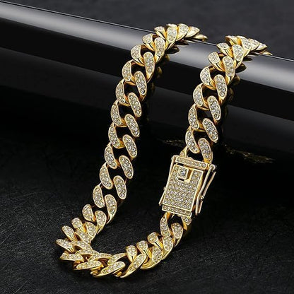 Mens and Womens Miami Cuban Link Chain Necklace 12mm Diamond Prong Cuban Chain 18/20/24inch Length Hip Hop Jewely - color: Gold, size: 20 inch