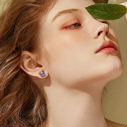 Bestyle Gold Butterfly Earrings for Women, Dainty Cute Birthstone Studs Hypoallergenic Jewelry, Great Birthday Gift - style: 02.February (Amethyst)-STUD