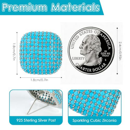 18K Gold Plated Chunky Square & Round Cubic Zirconia Stud Earrings for Women, Hypoallergenic 925 Silver Post Simulated Diamond Wedding Prom Party Bridesmaid Daily Fine Jewelry Gift for Mom Wife Friend - color: EA355-Square-Silver Turquoise