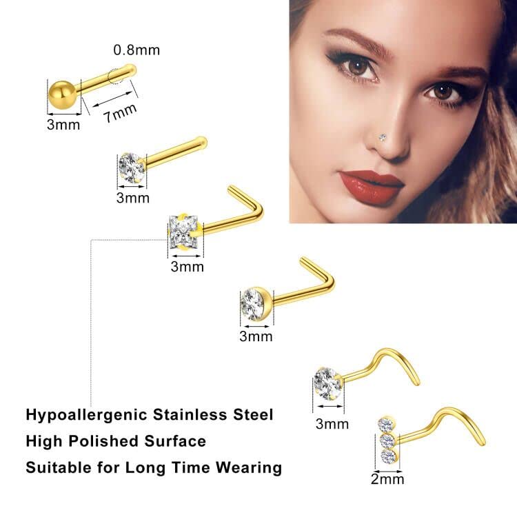 23-40 Pcs Gold Nose Rings & Studs - 18G & 20G Nose Piercing Jewelry - L Shape, Hoop & Screw Body Jewelry for Women & Men - color: Gold-C