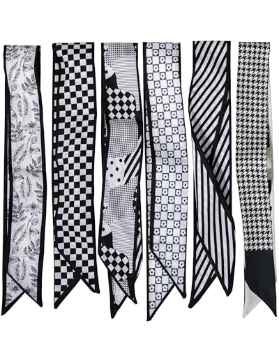 ZXZH 6 Pack Fashion Scarves for Women, Versatile Boho Head Scarf | Satin Scarf for Hair, Neck, Wrist, and Purse Accessories - color: Black & White Check