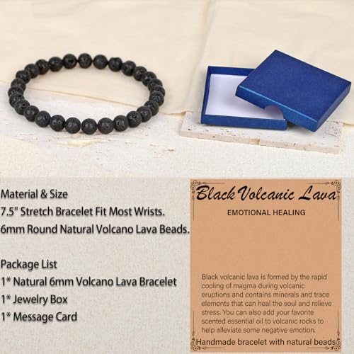 LPBeads Handmade Natural Gemstone Stretch Elastic Bracelet Healing Crystal Round Stone Beads Jewelry Gifts for Women Men - color: Black Lava, size: 6mm