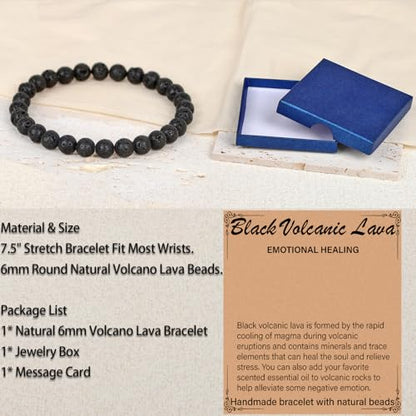 LPBeads Handmade Natural Gemstone Stretch Elastic Bracelet Healing Crystal Round Stone Beads Jewelry Gifts for Women Men - color: Black Lava, size: 6mm